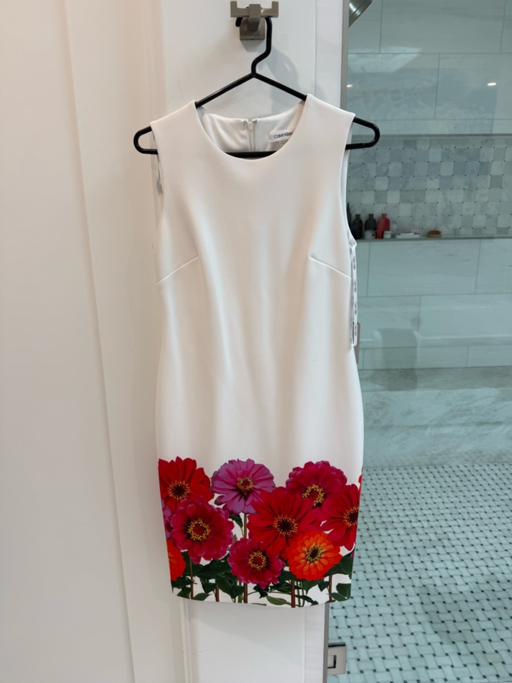 Calvin Klein White Sheath Dress with Red & Pink Floral Hem